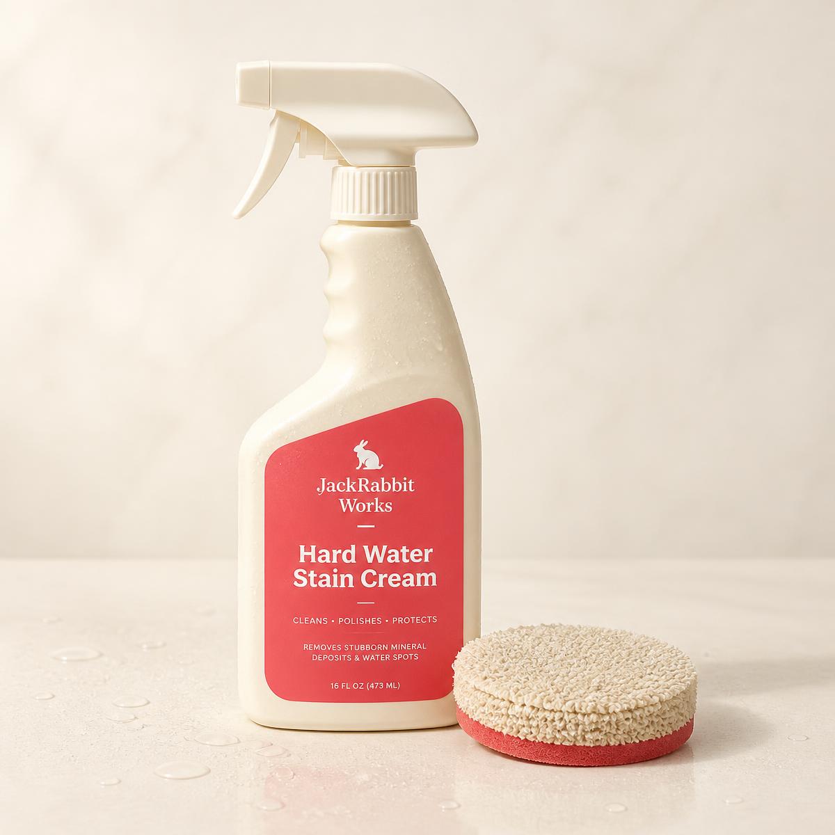 JackRabbit Works Hard Water Stain Remover bottle with scrubbing pad